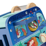 A blue wooden activity toy featuring colorful animal illustrations, a peek-a-boo flap, and sliding wooden shapes.