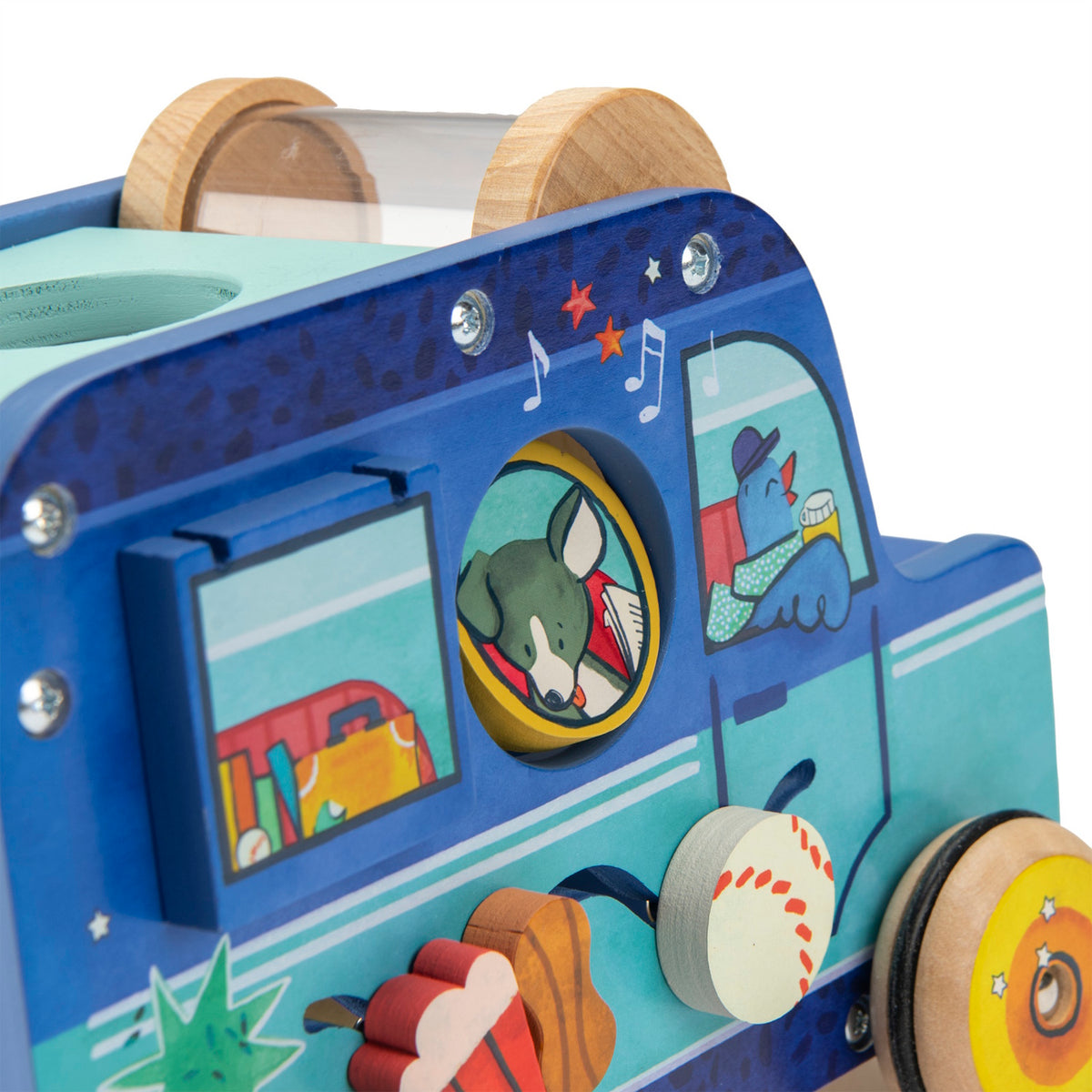 Blue wooden activity toy with animal illustrations, spinning discs, and sliding wooden shapes for toddlers.