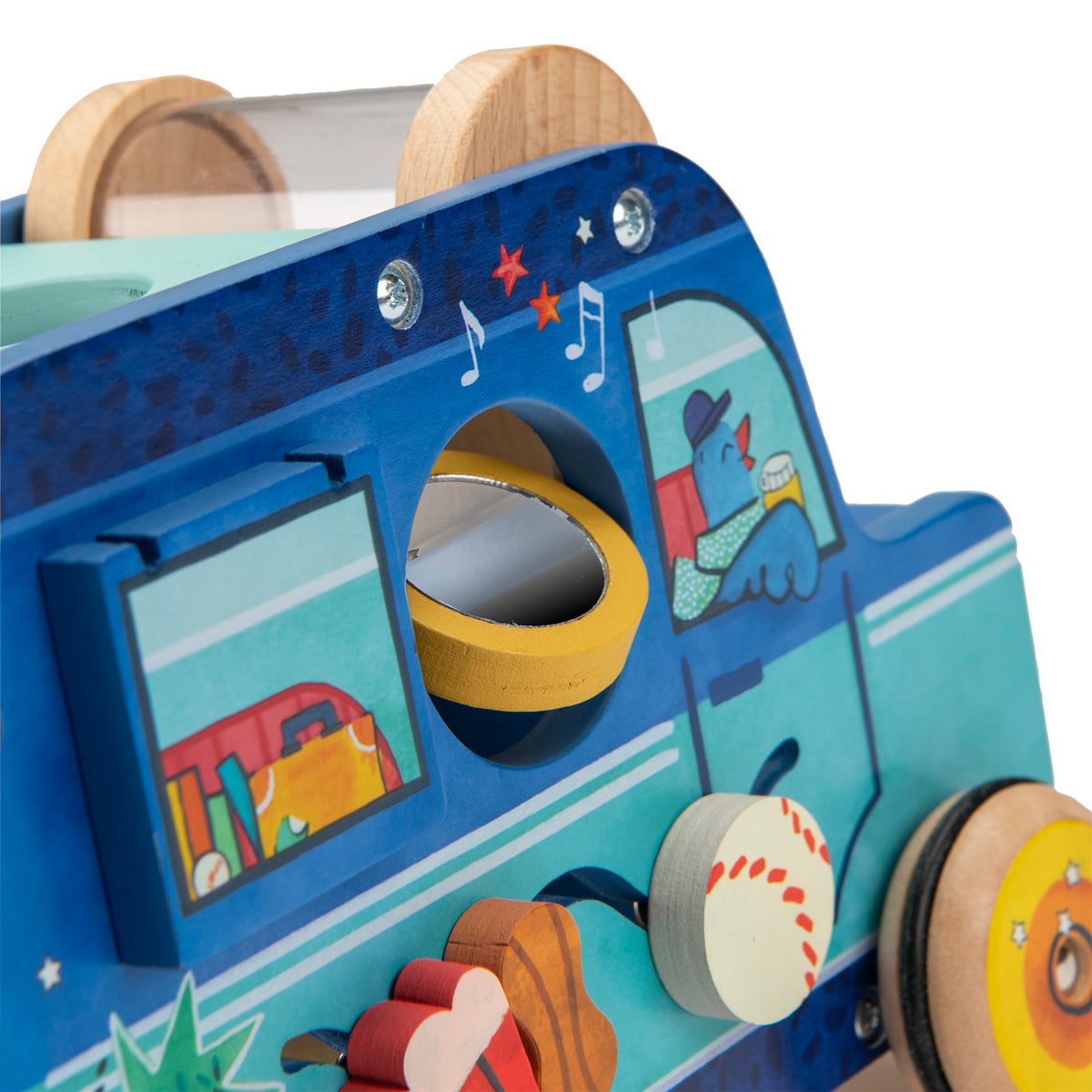Close-up of a blue wooden toy car featuring colorful illustrations, sliding shapes, and a rotating cylinder.