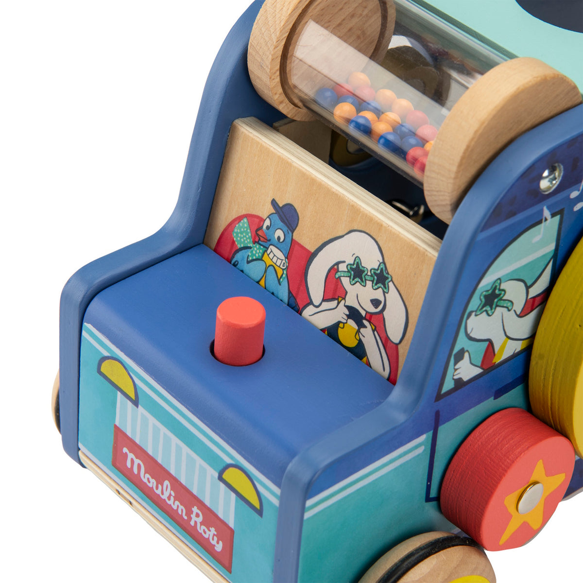 Blue wooden toy car with a bead roller, animal illustrations, and "Moulin Roty" branding on the front.