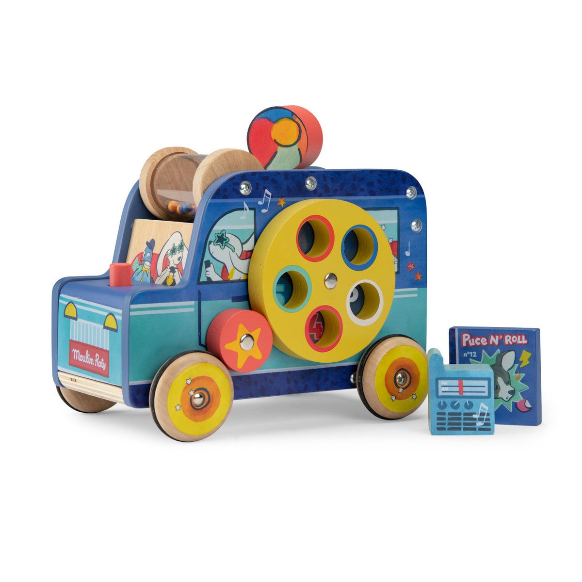 Wooden toy activity car with a yellow dial, spinning beads, and detachable radio and book accessories.