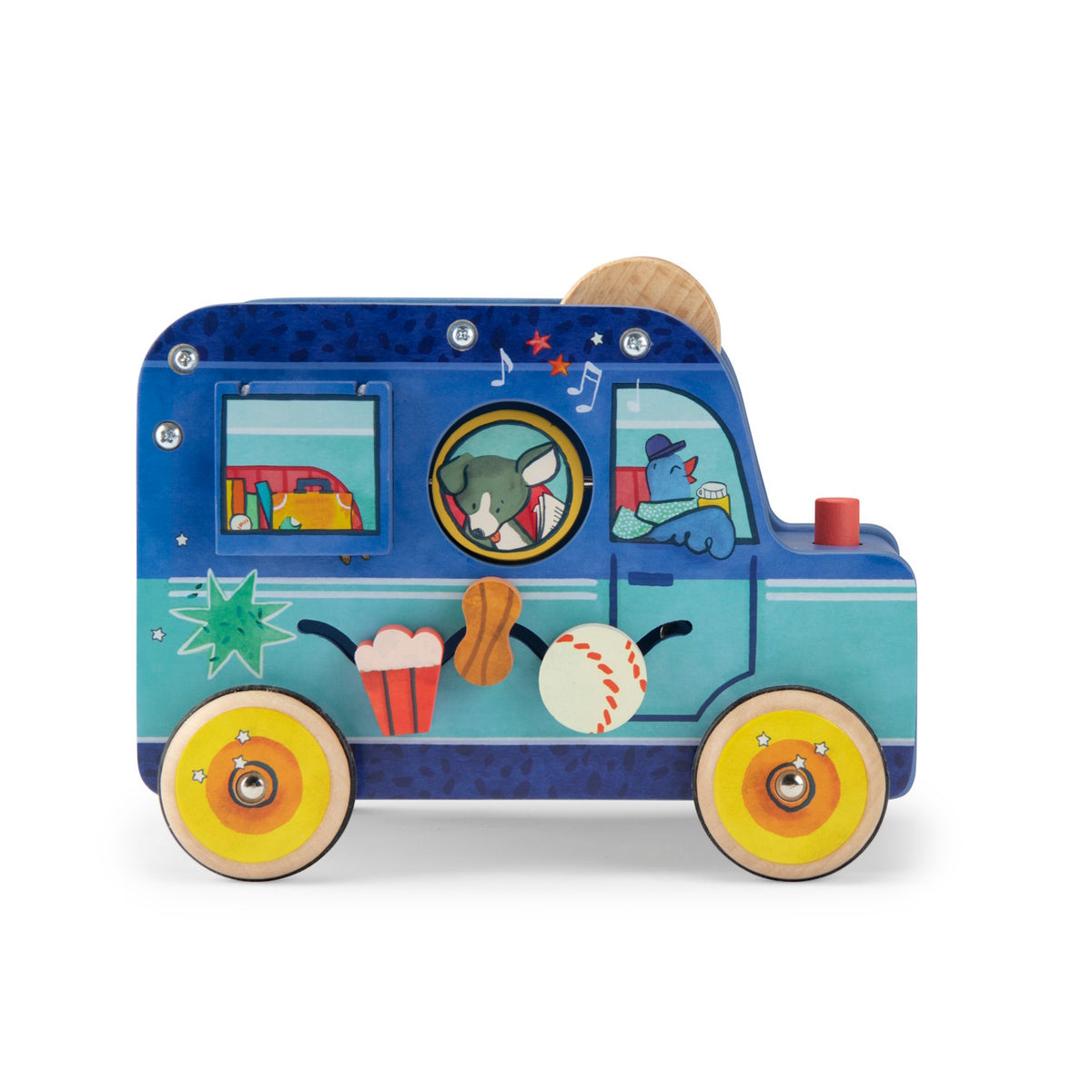 Blue wooden toy bus featuring a sliding track with food shapes and animal characters in the windows.