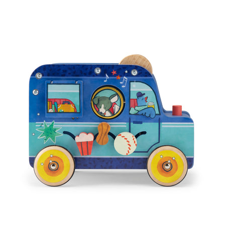 Blue wooden toy bus featuring a sliding track with food shapes and animal characters in the windows.
