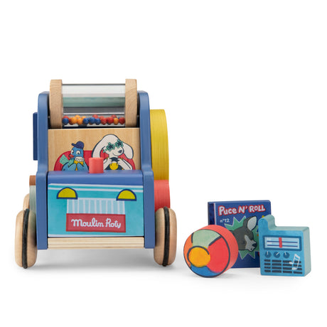 Moulin Roty wooden activity car with colorful beads, character illustrations, and matching toy accessories.