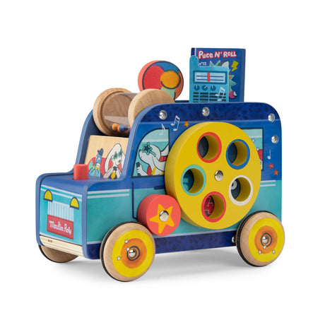 Colorful wooden multi-activity toy car with a yellow dial, rolling beads, and cartoon illustrations on a white background.