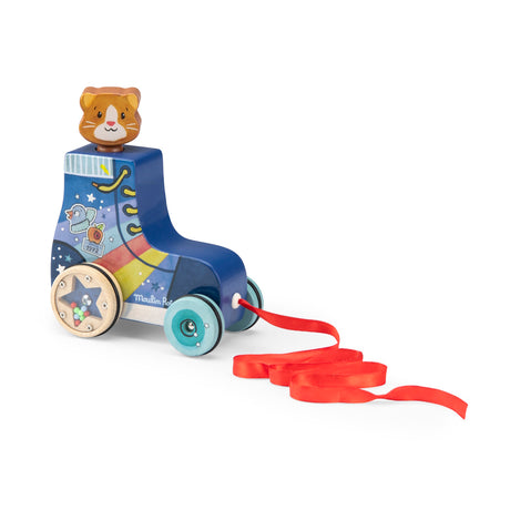 A wooden roller skate pull toy with a cat head on top, colorful graphics, and a long red ribbon for pulling.