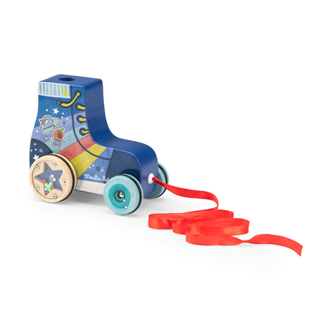 A blue wooden pull-along roller skate toy with colorful illustrations and a red ribbon on a white background.
