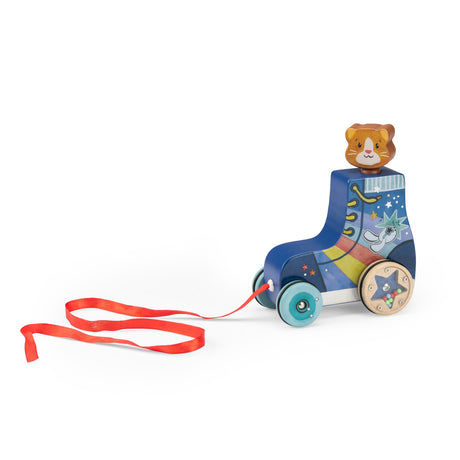 Wooden roller skate pull toy with a cat head, rainbow design, and a long red ribbon on a white background.