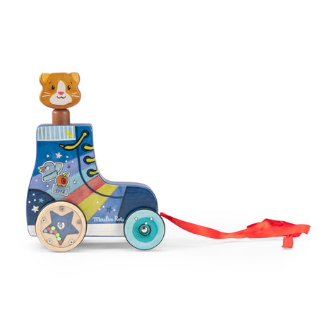 Wooden pull-along roller skate toy featuring a cat head, colorful graphics, and a red ribbon on a white background.