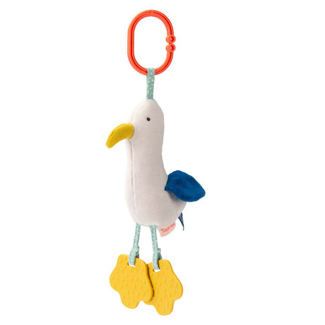 Plush seagull baby hanging activity toy with yellow teether feet and blue wing.