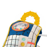 Plush soft baby rattle toy with textured yellow teether ring and colorful beads.