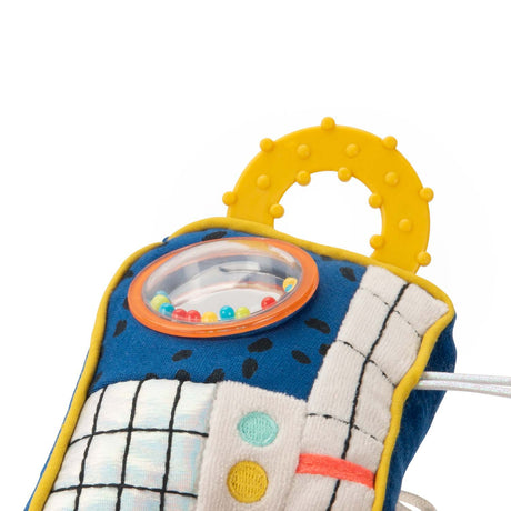 Plush soft baby rattle toy with textured yellow teether ring and colorful beads.