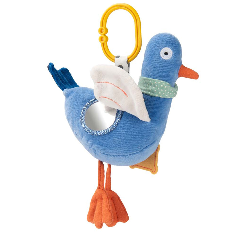 Soft blue plush bird toy with an orange beak and feet, featuring a green polka dot neck scarf and a yellow ring clip for hanging. Cheerful and whimsical.