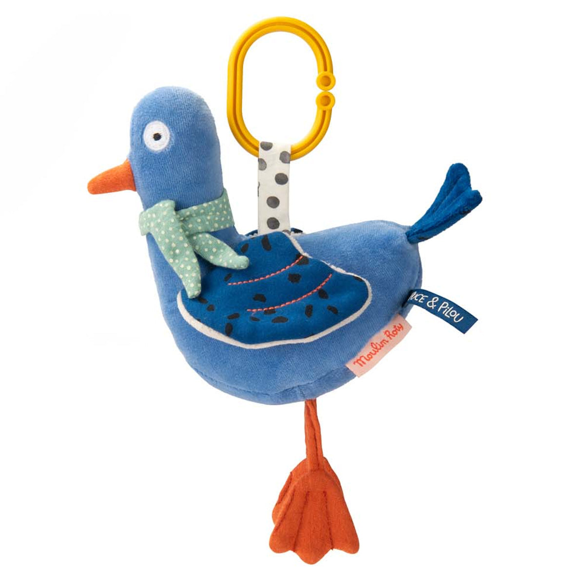 Moulin Roty blue bird plush baby stroller toy with yellow hanging ring.