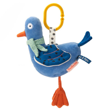 Moulin Roty blue bird plush baby stroller toy with yellow hanging ring.