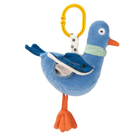 Blue plush pigeon activity baby toy with a yellow hanging ring and textured wings.