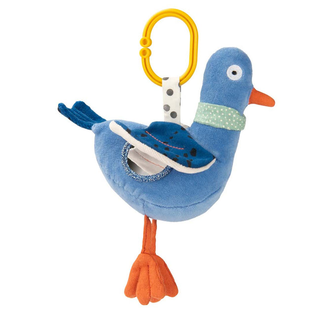 Blue plush pigeon activity baby toy with a yellow hanging ring and textured wings.