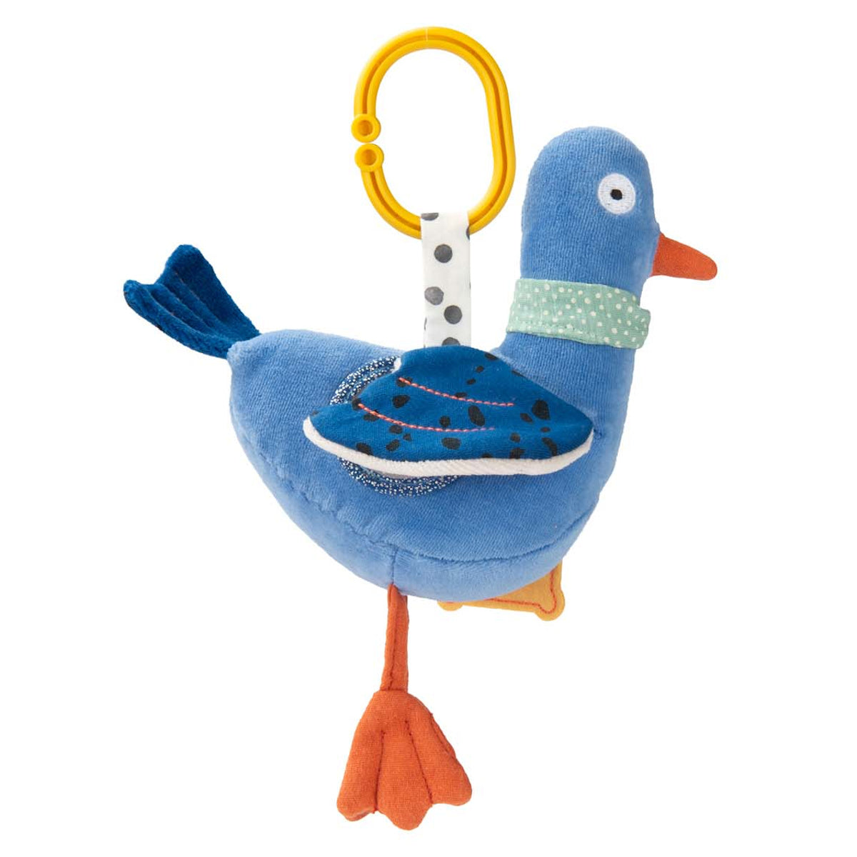 Blue plush pigeon baby stroller toy with a yellow hanging ring and orange webbed feet.