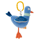 Blue plush pigeon baby stroller toy with a yellow hanging ring and orange webbed feet.