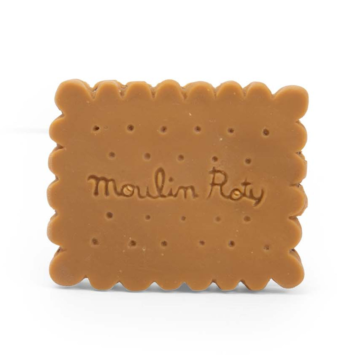 Moulin Roty biscuit shaped teething toy for babies on a white background.