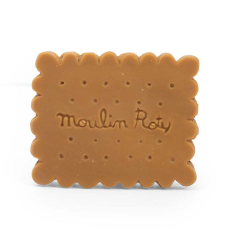 Moulin Roty biscuit shaped teething toy for babies on a white background.