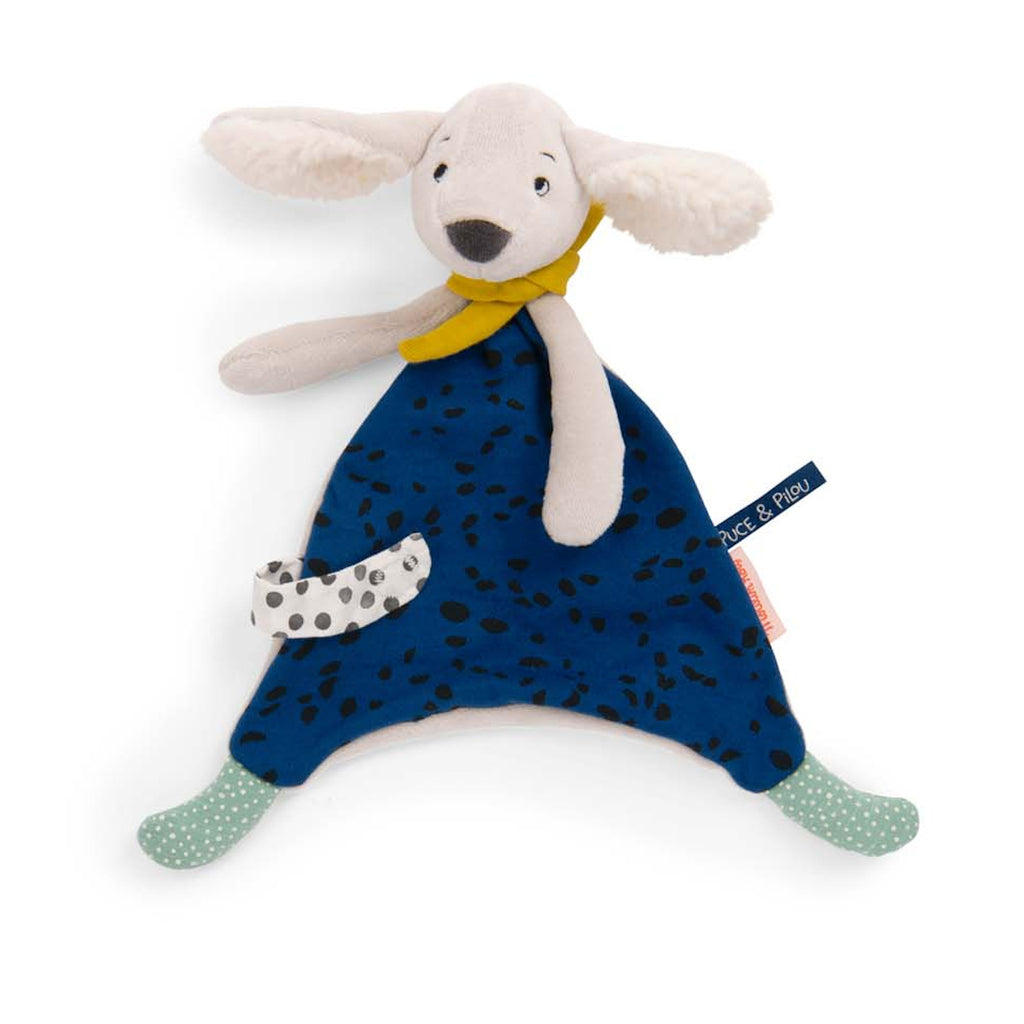 Soft plush toy with a dog head, white ears, and a yellow scarf. Blue triangular body with black spots, polka-dot strap, and green polka-dot feet.