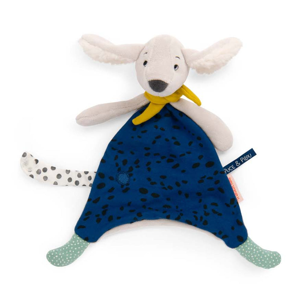 Soft plush toy with a dog head, white ears, and a yellow scarf. Blue triangular body with black spots, polka-dot strap, and green polka-dot feet.