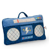 Blue boombox plush pillow for kids with speakers and lightning bolt detail by Puce and Pilou.