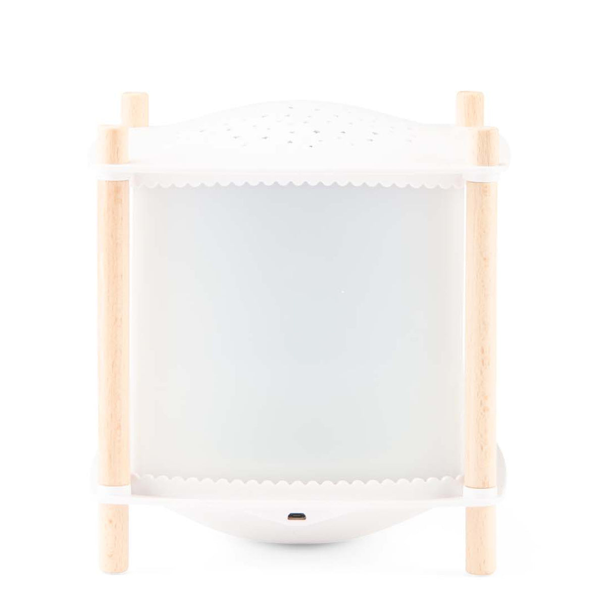 White magic lantern night light with wooden corner posts and starry projector top.