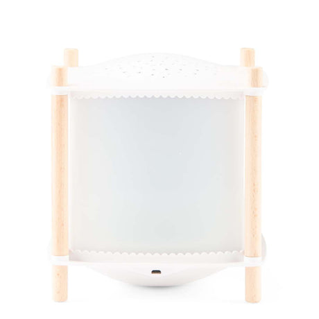 White magic lantern night light with wooden corner posts and starry projector top.