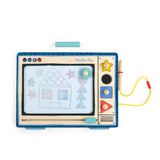 Moulin Roty wooden magnetic drawing slate shaped like a TV with a stylus and shapes for kids.