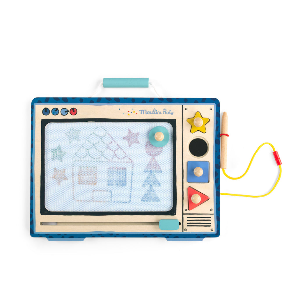 Toy drawing board styled as a vintage TV with colorful buttons, star and triangle shapes. It features a wooden stylus on a yellow cord. Playful and retro.
