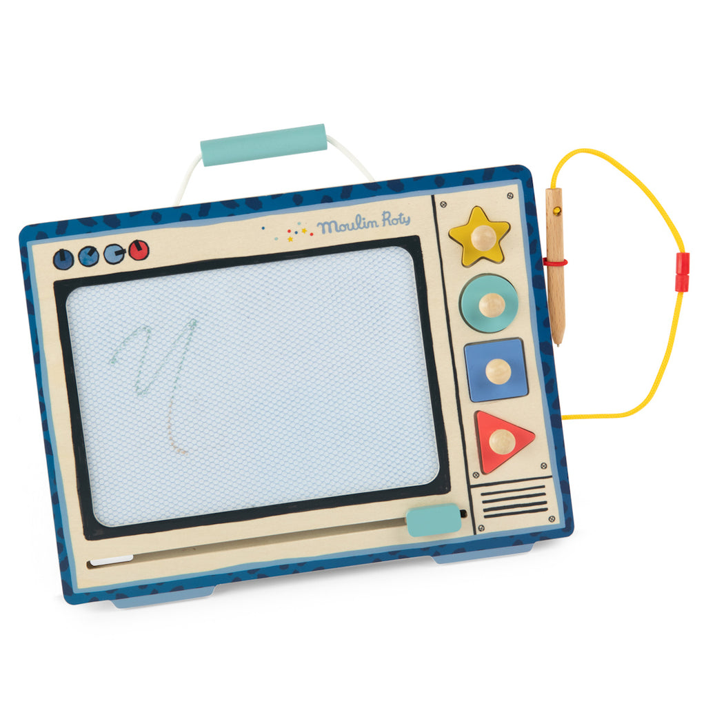Toy drawing board styled as a vintage TV with colorful buttons, star and triangle shapes. It features a wooden stylus on a yellow cord. Playful and retro.
