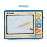 Moulin Roty wooden magnetic drawing board shaped like a retro television with a stylus and shapes.