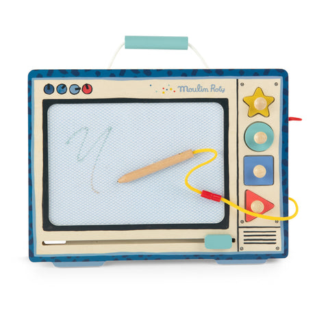 Moulin Roty wooden magnetic drawing board shaped like a retro television with a stylus and shapes.