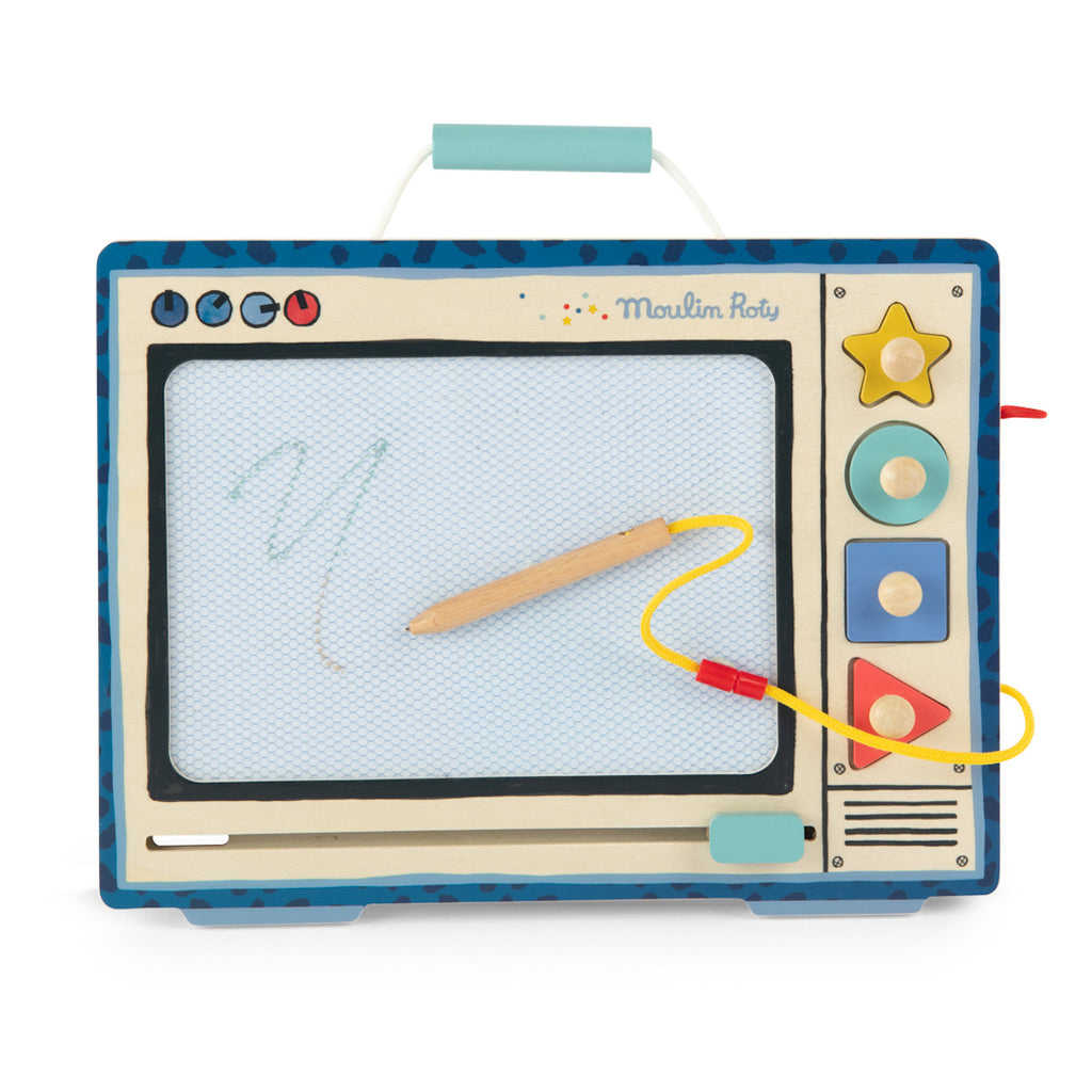Toy drawing board styled as a vintage TV with colorful buttons, star and triangle shapes. It features a wooden stylus on a yellow cord. Playful and retro.