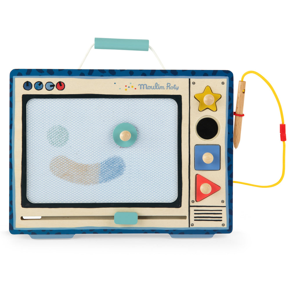 Toy drawing board styled as a vintage TV with colorful buttons, star and triangle shapes. It features a wooden stylus on a yellow cord. Playful and retro.