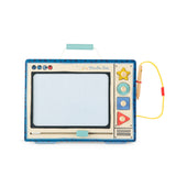 Moulin Roty retro TV wooden magnetic drawing board toy with attached stylus and shape stamps for kids.