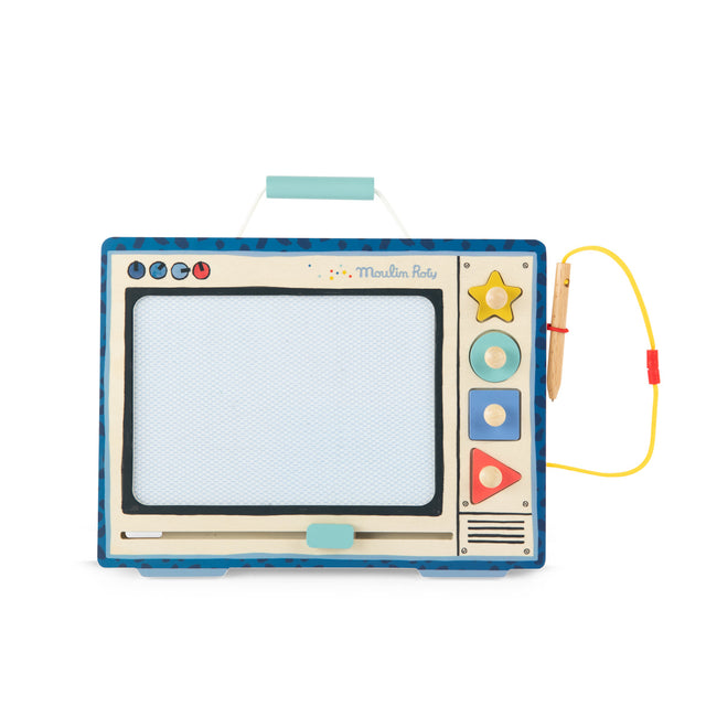 Moulin Roty retro TV wooden magnetic drawing board toy with attached stylus and shape stamps for kids.