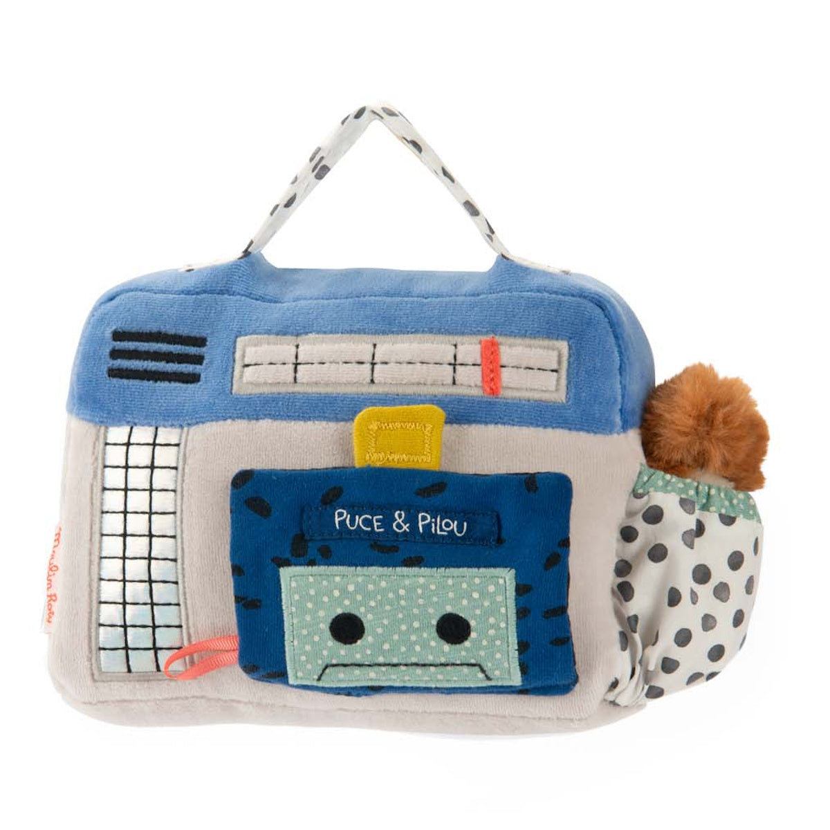 Moulin Roty Puce and Pilou plush musical radio cassette player toy with handle and polka dot pocket.