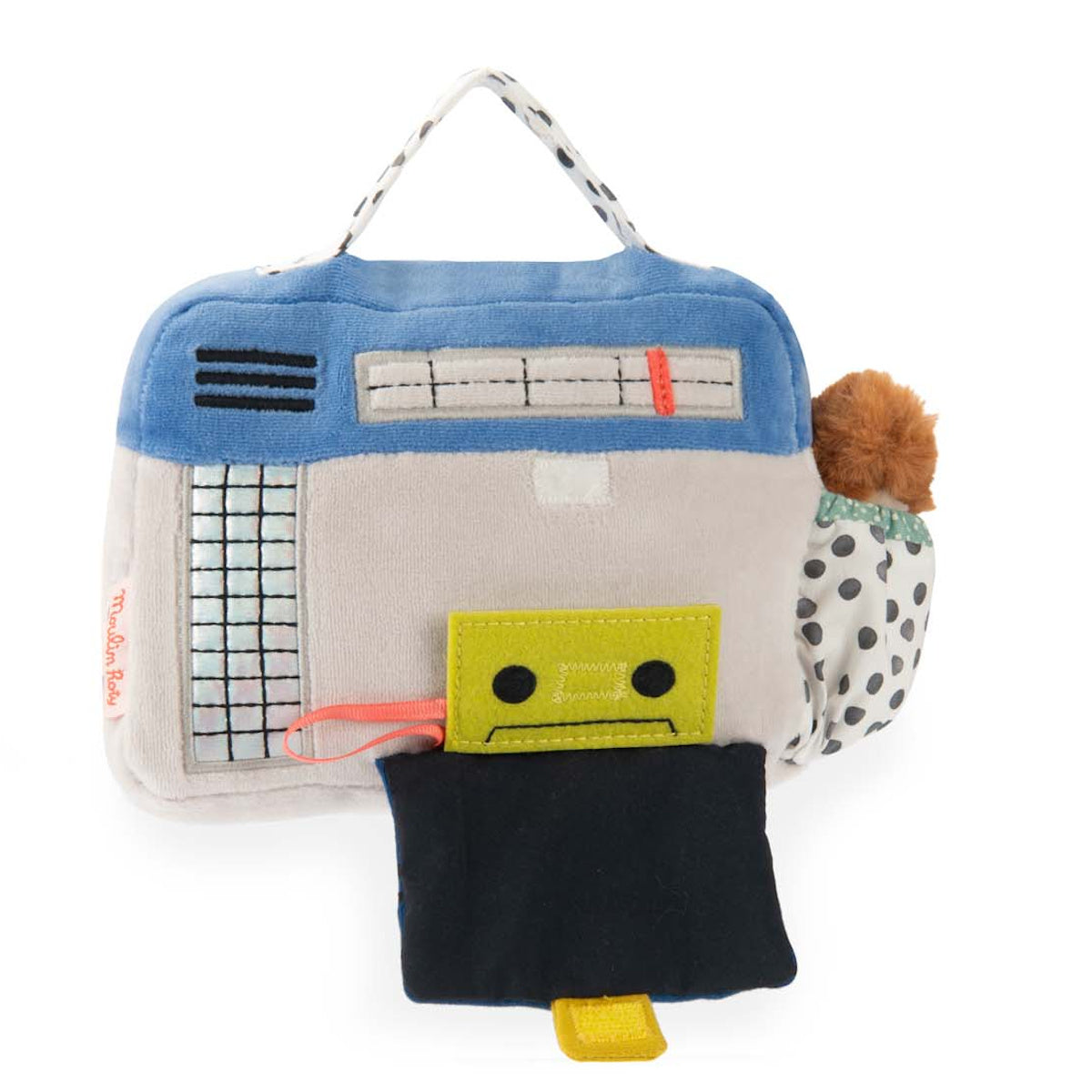 Moulin Roty plush radio activity toy with fabric buttons and handle for babies.
