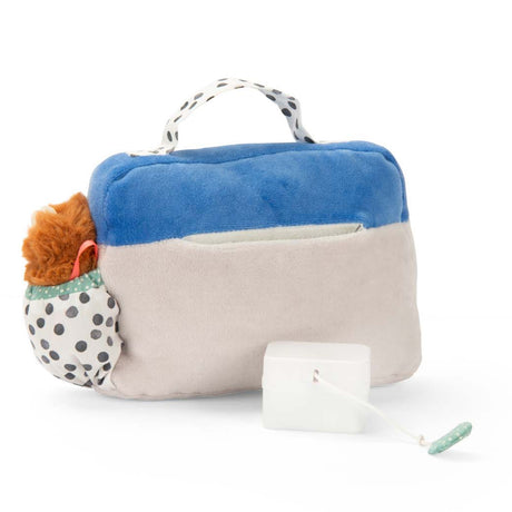 Moulin Roty Puce and Pilou soft blue and grey fabric activity bag toy with plush details and handle.