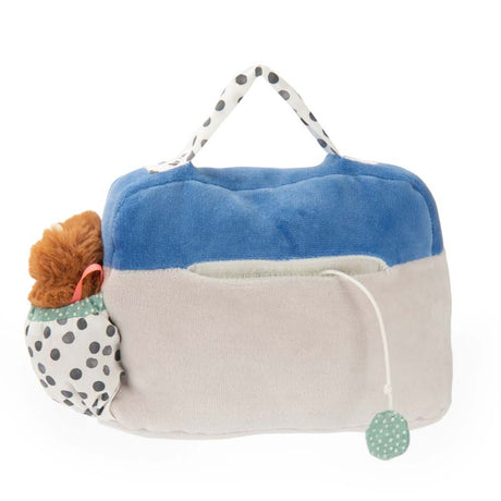 Back view of Moulin Roty Puce and Pilou musical plush radio cassette toy bag with a pull cord.