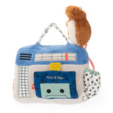 Plush Moulin Roty activity bag toy featuring a small squirrel, blue pockets, and Puce and Pilou text.