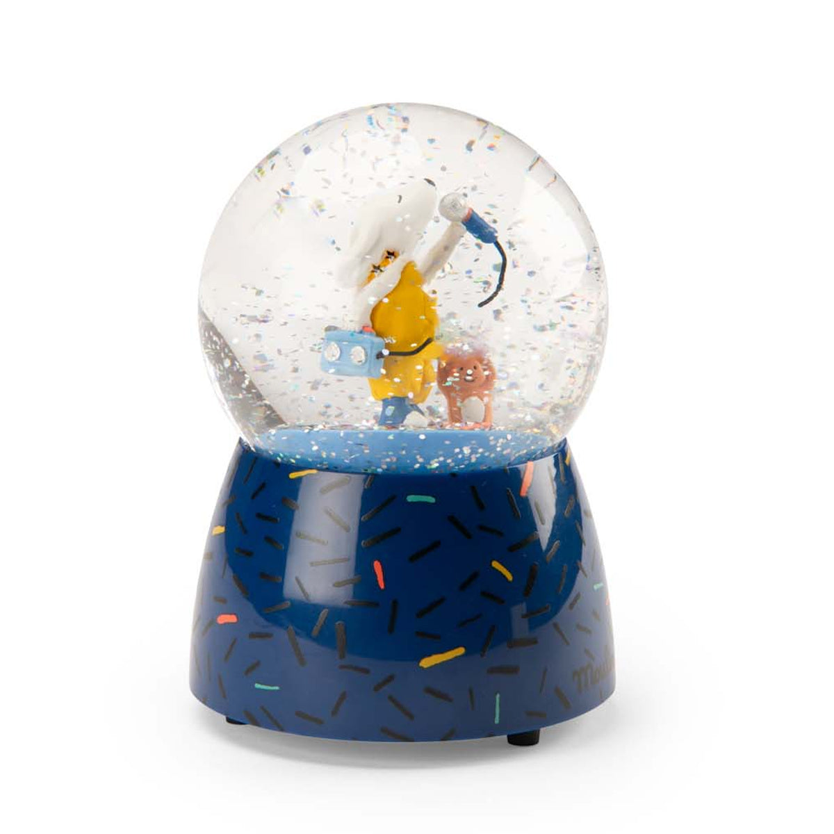 Moulin Roty musical snow globe featuring a singing character and glittery confetti on a confetti base.