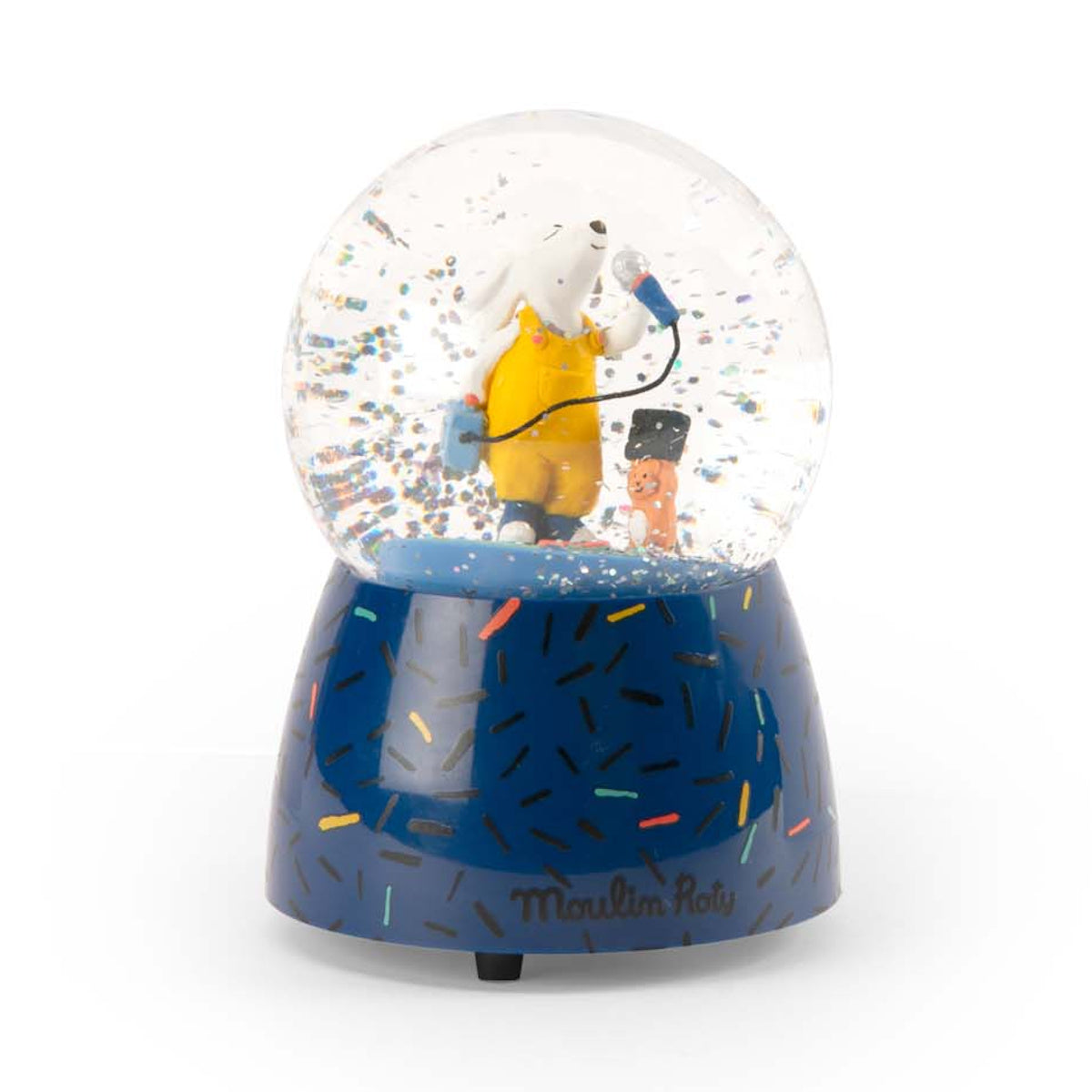 Moulin Roty Puce and Pilou musical snow globe featuring a singing white dog figurine.