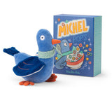 Moulin Roty Michel plush pigeon rattle toy with its colorful cereal themed gift box.