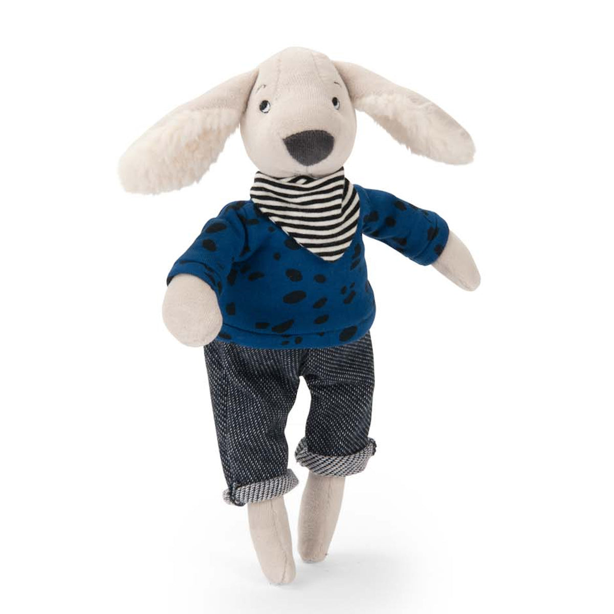 Plush dog toy wearing a blue spotted sweater, striped scarf, and denim pants.