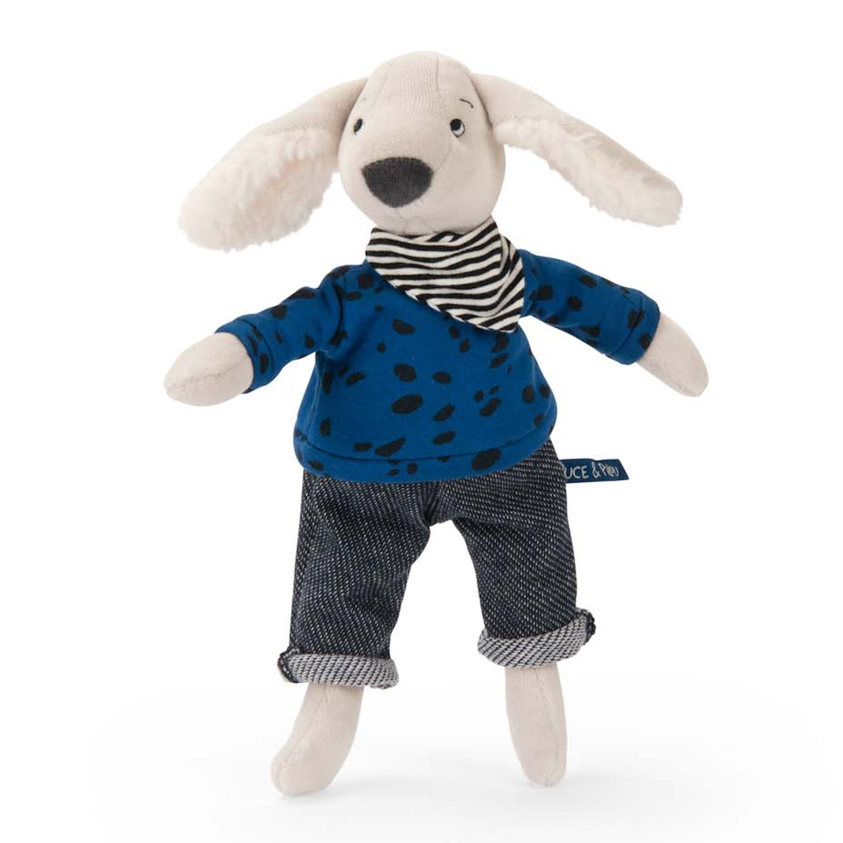 Plush dog toy wearing a blue spotted sweater, striped scarf, and denim pants.