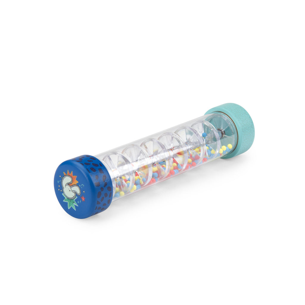 A clear plastic rain stick filled with colorful beads in red, yellow, and blue. It has a turquoise top with a playful design and a blue base.